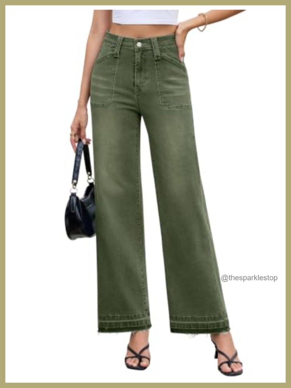 Stretchy High Waisted Wide Leg Baggy Jeans Raw Hem Pants